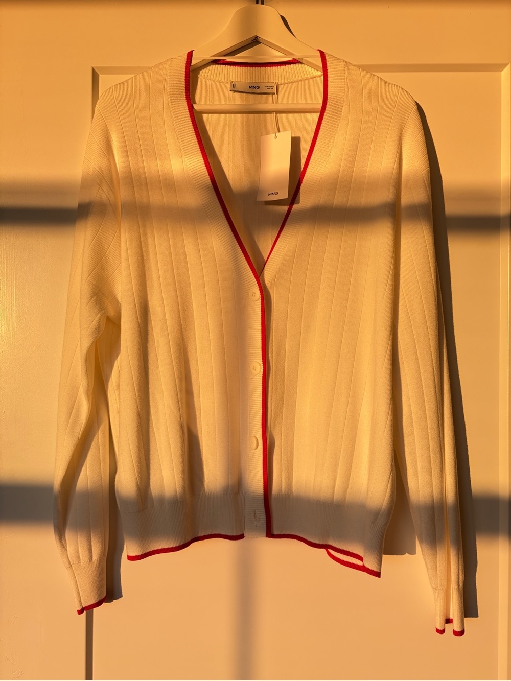 Mango Cream Ribbed Cardigan with Red Trim